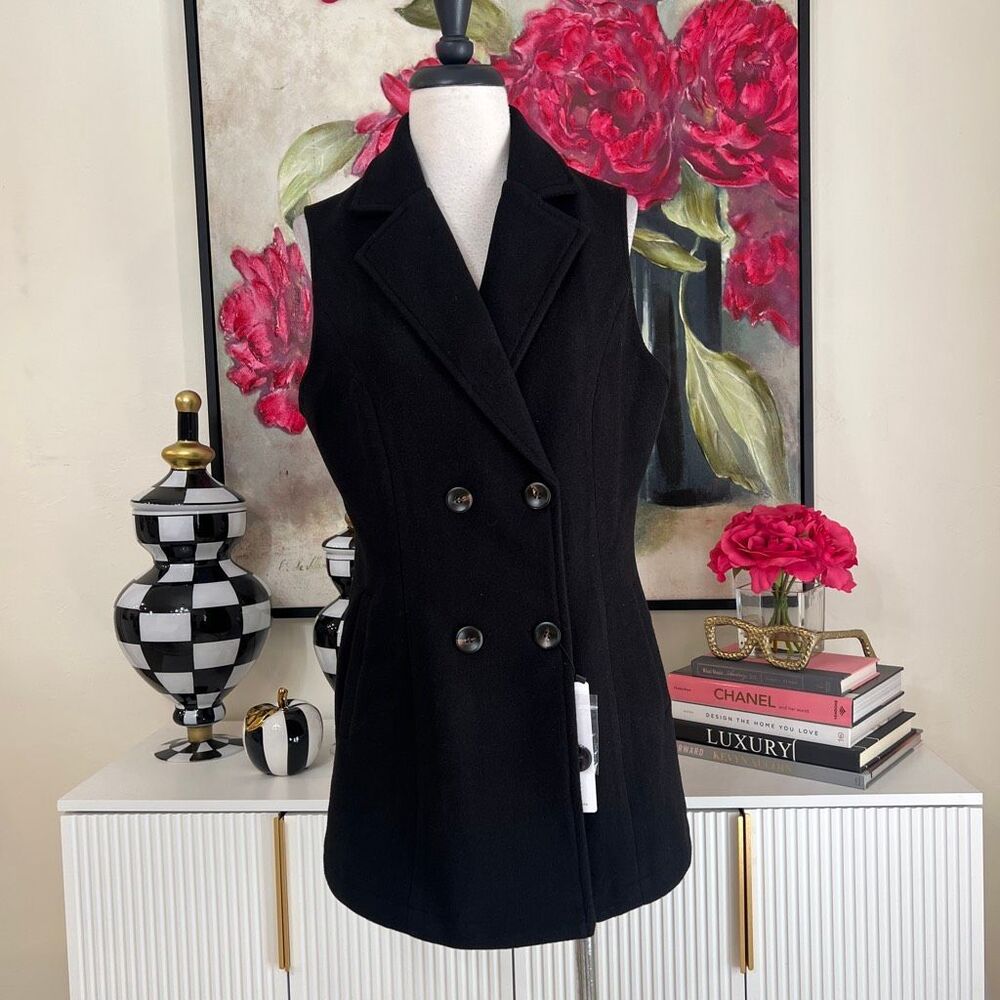 i-Brand Women's Double Breasted Wool Blend Long Line Vest Black Medium NWT